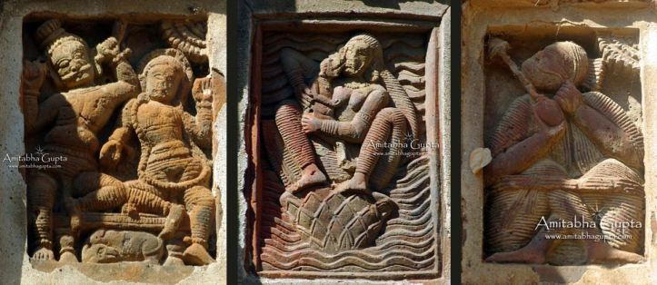 Terracotta work on the two wall panels of Durga Temple, Bali-Dewanganj.(L to R) : Shiva and Parvati, Ganga carrying Bishnu as Varah Avatar and a Man smoking hookah