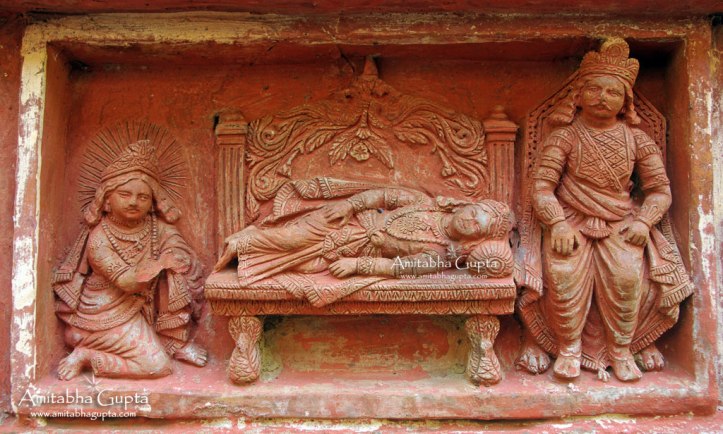 Arjun sitting near the feet of a sleeping Krishna while Durjodhan sitting above 