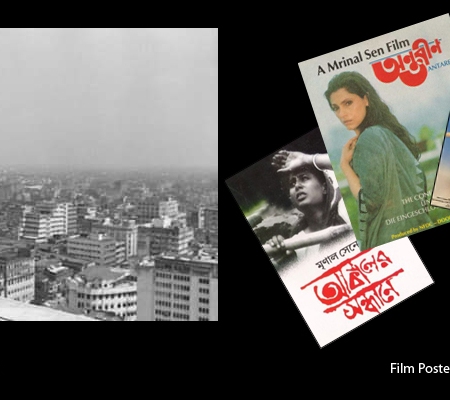 Mrinal Sen and four of his film posters. Mrinal Sen's photo courtesy : Satyaki Ghosh